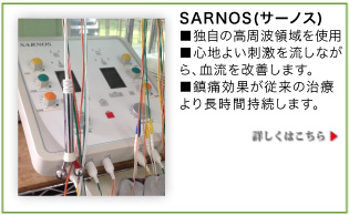 SARNOS(サーノス)■独自の高周波領域を使用■心地よい刺激を流しながら、血流を改善します。■鎮痛効果が従来の治療より長時間持続します。